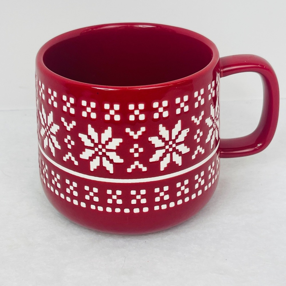 World Market Coffee Mug Red White Fair Isle Snowflake Holiday Ceramic Excellent